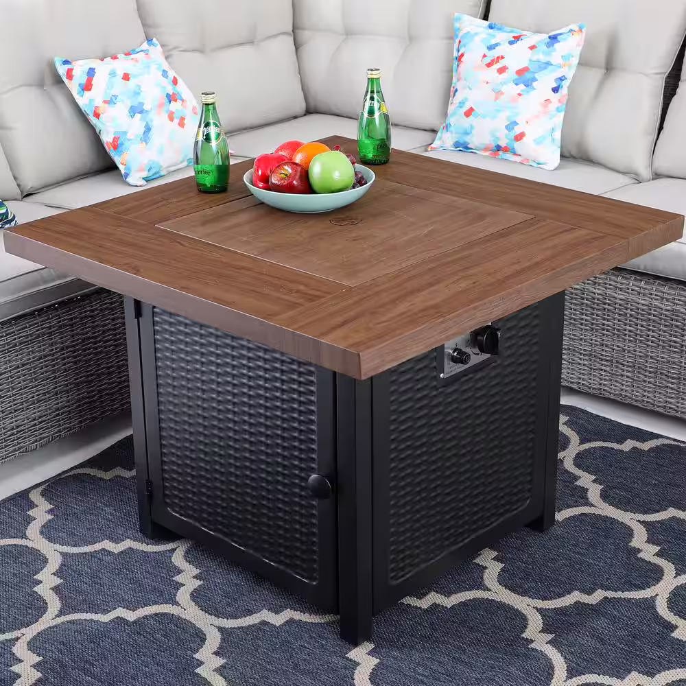 PHI VILLA 33.9 in. W x 25.2 in. H Square Wood-like Metal Steel Gas Fire Pit Table with Cover and 50000 BTU Burner