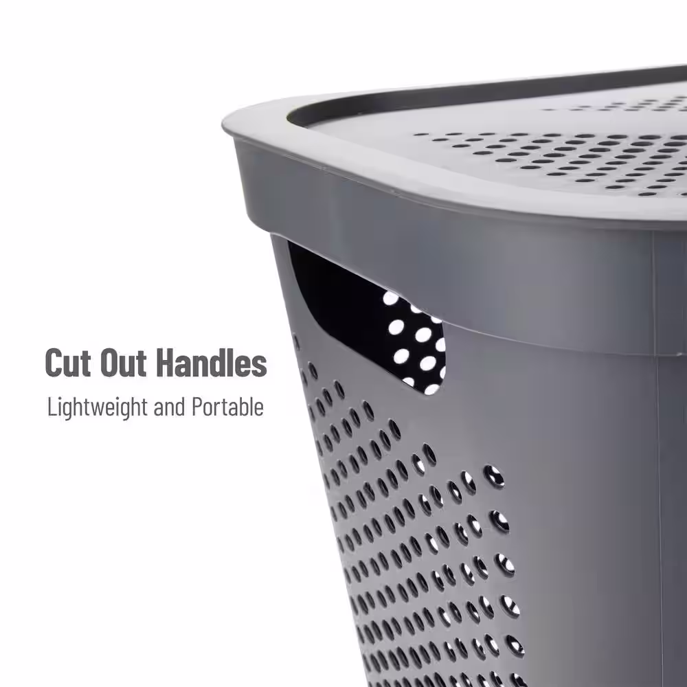 Mind Reader Basket Collection Laundry Hamper, 60 Liter (15kg/33lbs) Capacity, Cut Out Handles, Attached Hinged Lid, Gray