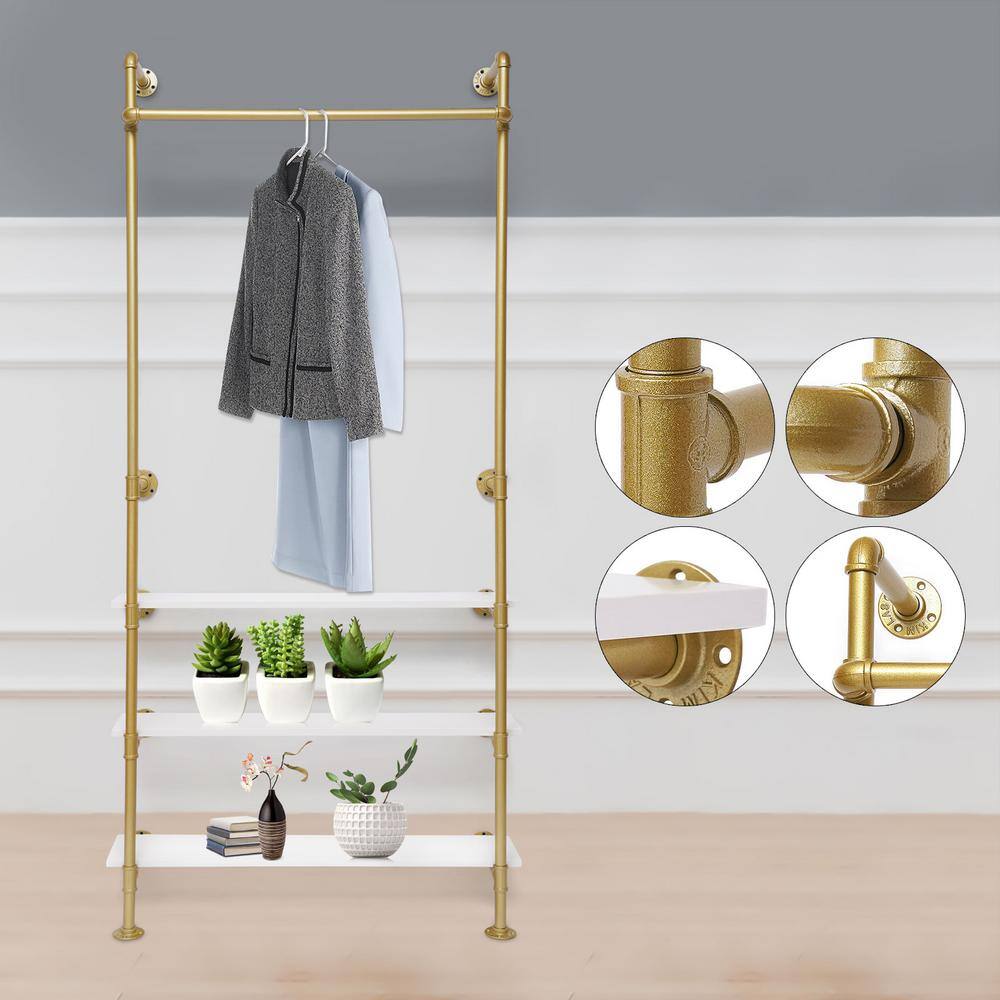 None Gold Wall Mounted Iron Clothes Rack with 3 Wood Shelves 36.6 in. W x 78.74 in. H