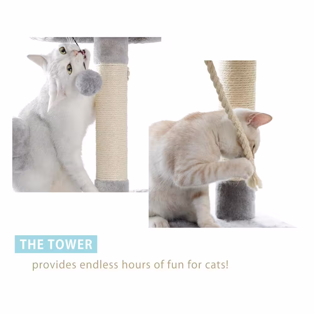None Multi-Level Gray Pet Cats Scratching Posts and Trees with Ladder, Double Condos, Hammocks,Perches& Hanging Balls