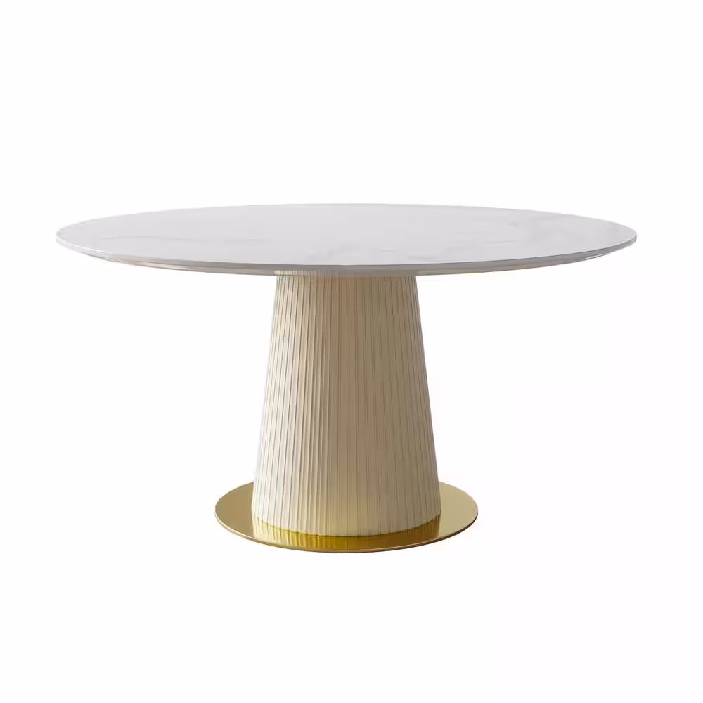 None Functional White Sintered Stone 59.05 in. Palpable Leather and Stainless Steel Pedestal Base Dining Table (8 Seats)