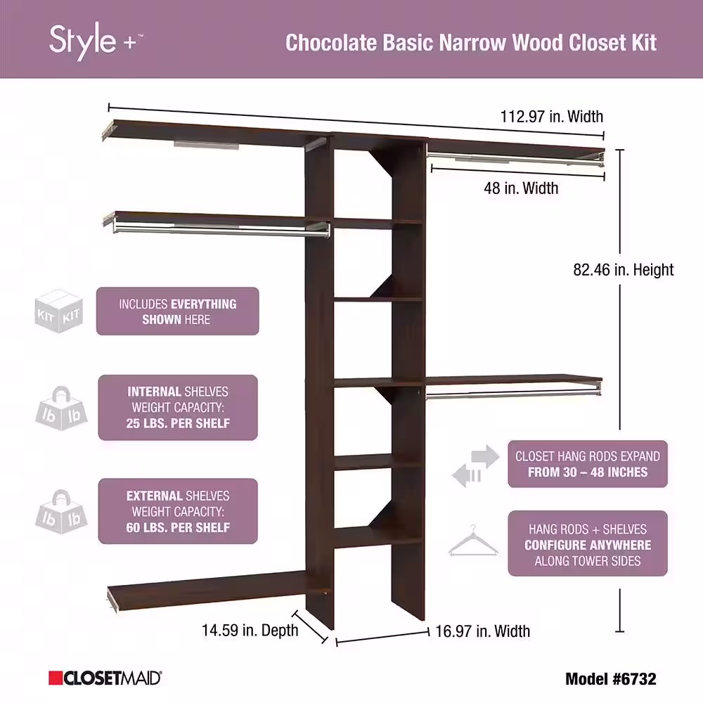 ClosetMaid Style+ 64.9 in W - 112.9 in W Chocolate Basic Narrow Wood Closet System Kit