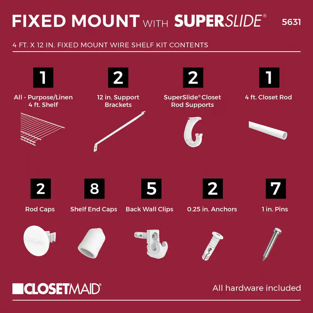 ClosetMaid SuperSlide 48 in. W x 12 in. D White Steel Wire Closet Shelf with Closet Rod