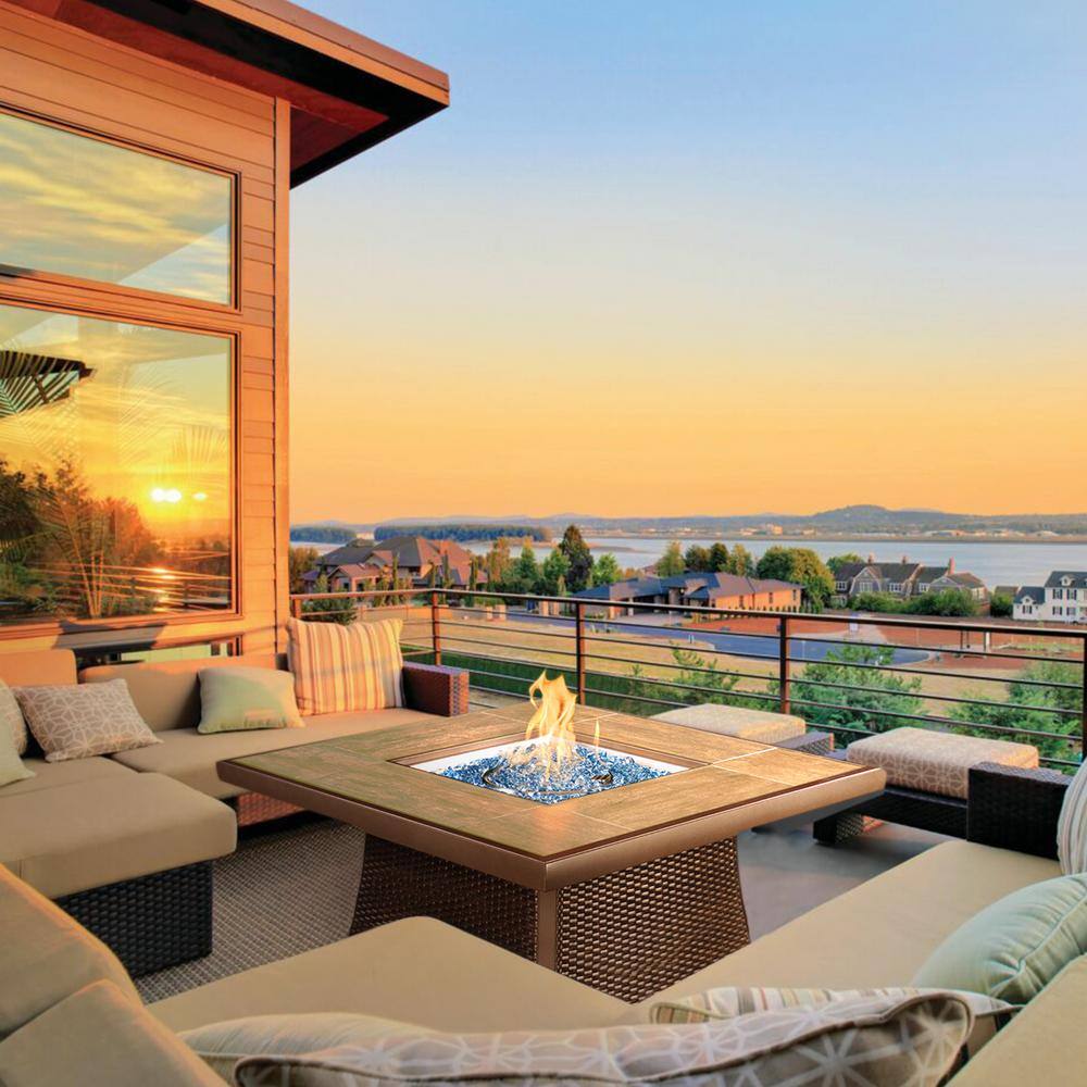 None Elio 42 in. W x 24.6 in. H Square Propane Gas Brown Aluminum Frame Rattan Wicker Tile Top Fire Pit Table