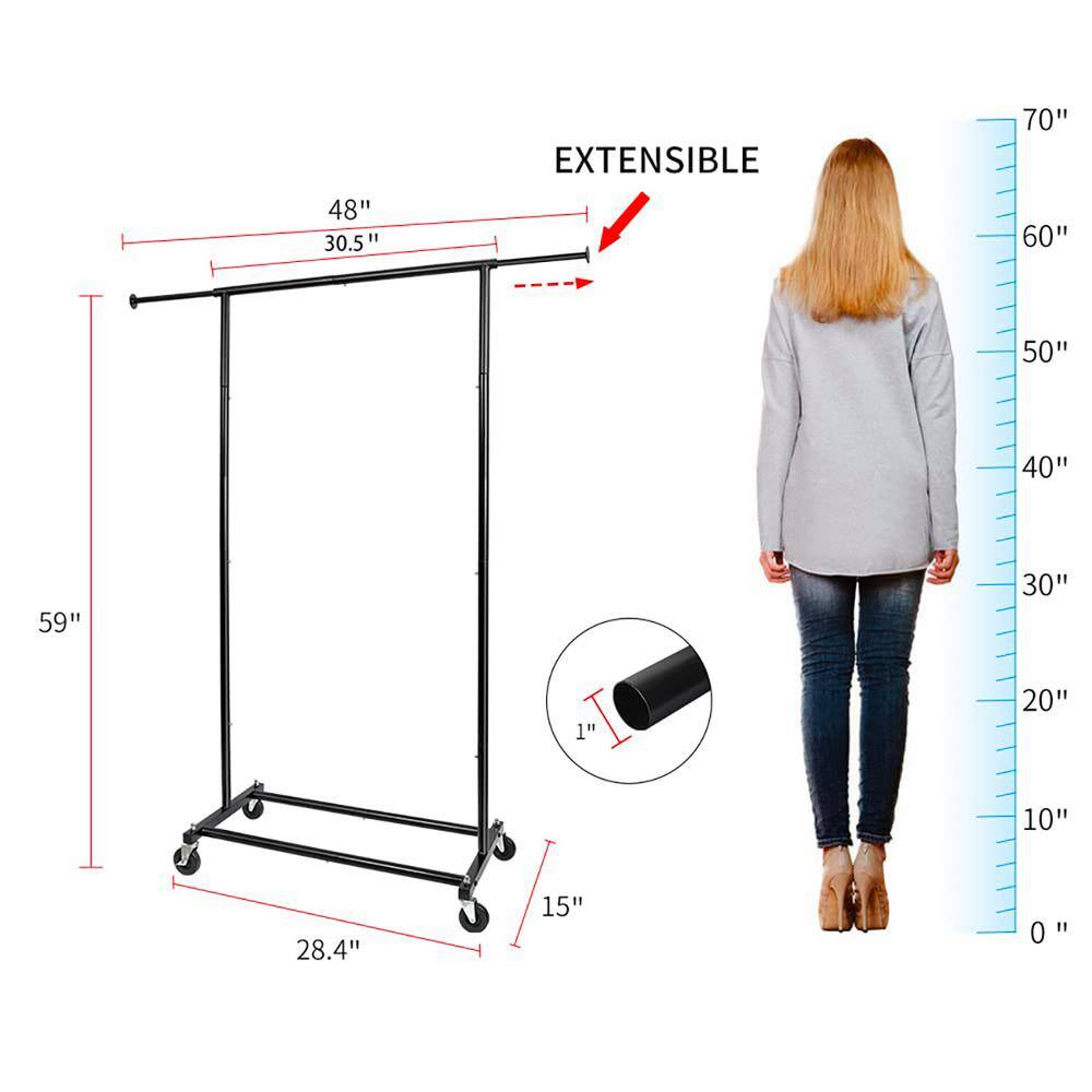 None Black Metal Garment Clothes Rack with Wheels 48 in. W x 59 in. H