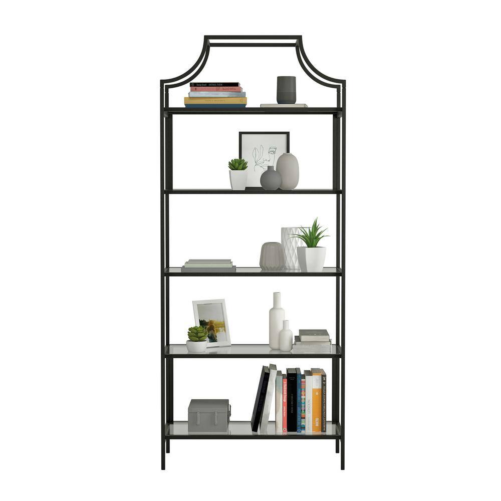SAUDER Harvey Park 70.866 in.H Black Metal 5-Shelf Bookcase with Glass Shelves