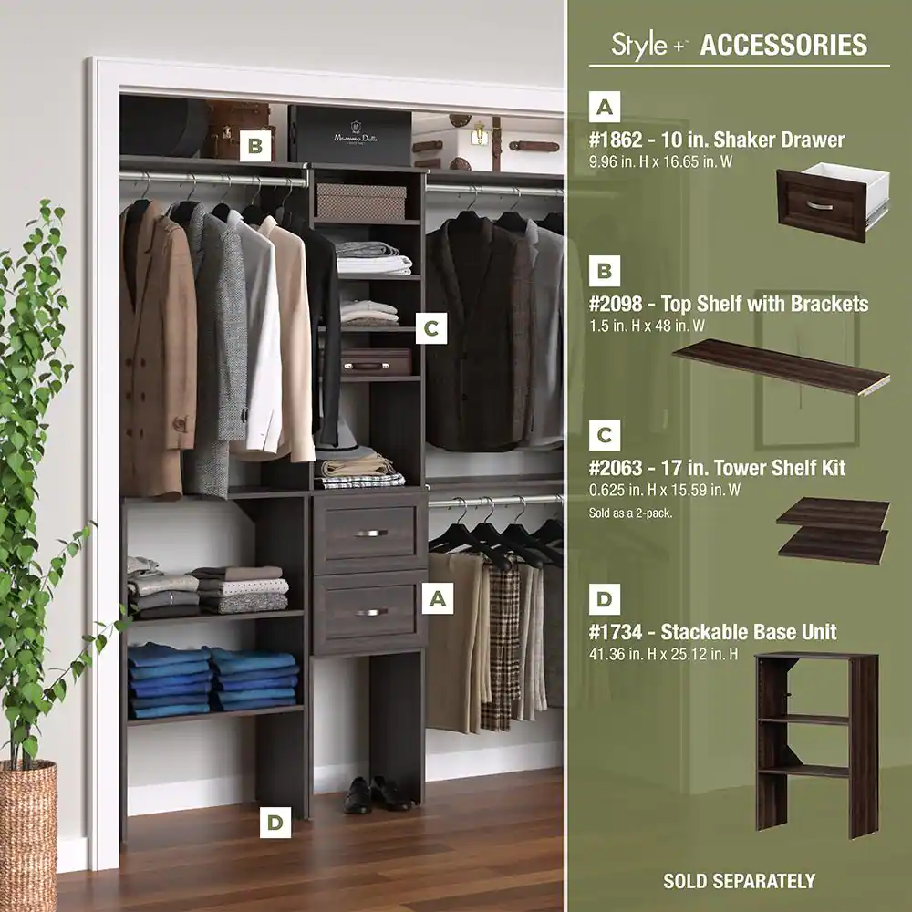 ClosetMaid Style+ 72 in. W - 113 in. W Modern Walnut Narrow Wood Closet System