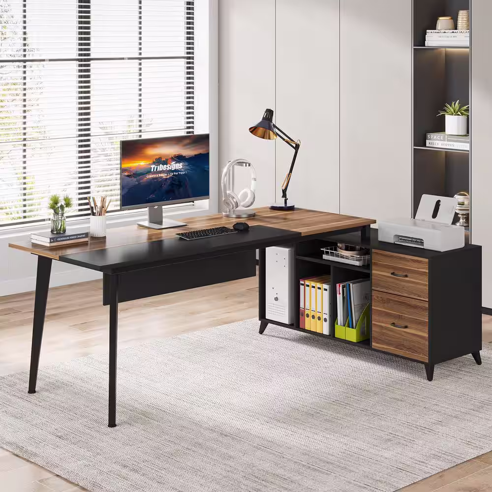 None Hamilton 75 in. L-Shaped Rustic Brown Wood Computer Writing Corner Desk with Drawers and File Cabinet