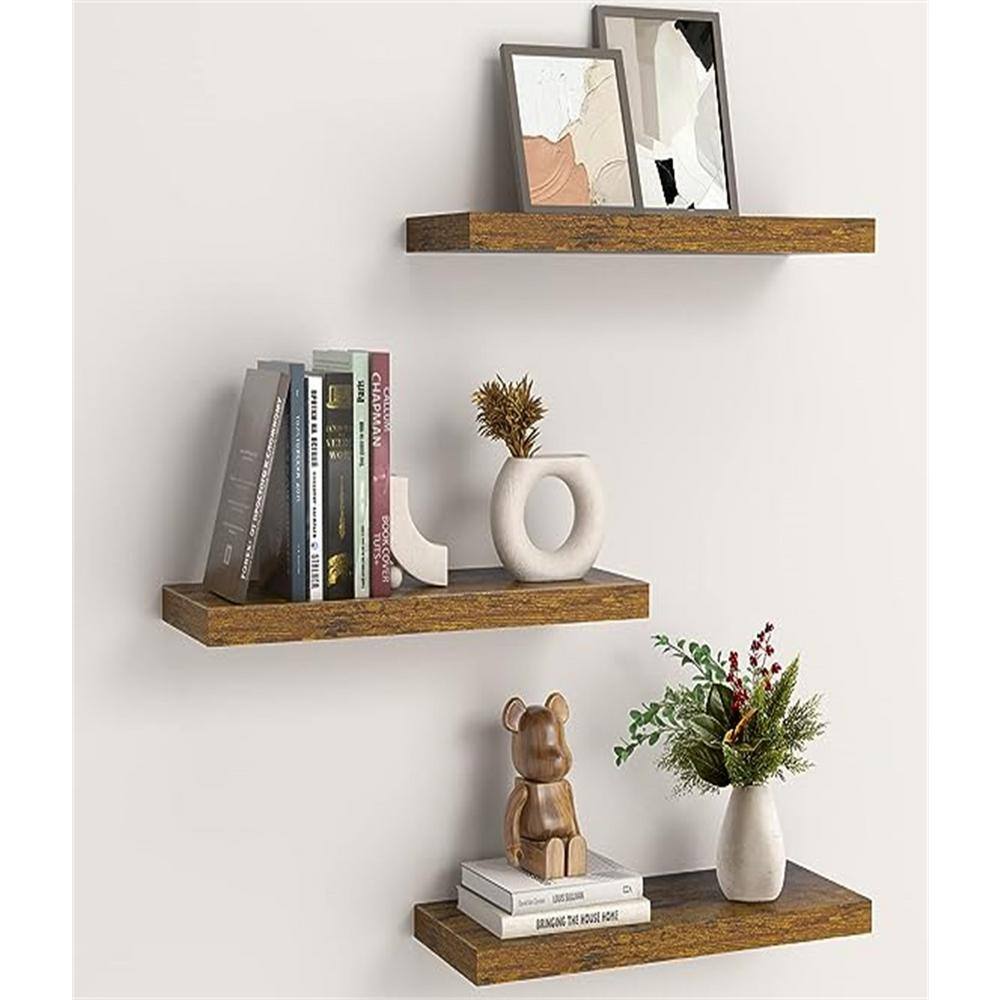 None 15 in. x 6.7 in. x 1.4 in.Rustic Brown Wall Shelves with Invisible Brackets Set of 3