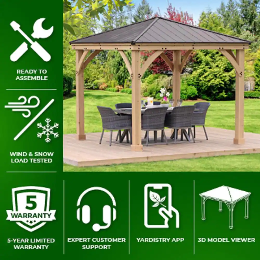 Yardistry Meridian 10 ft. x 10 ft. Premium Cedar Outdoor Patio Shade Gazebo with Architectural Posts and Brown Aluminum Roof