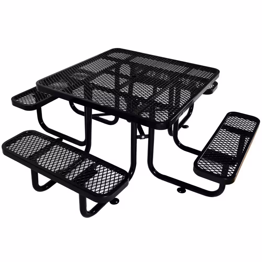 None 46 in. Black Square Outdoor Steel Picnic Table with Umbrella Pole