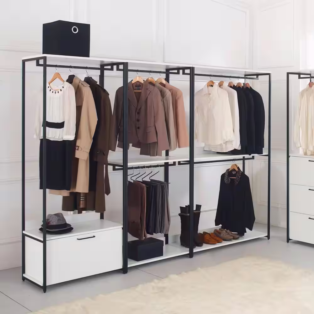 None Fiona 111 in. W White Freestanding Walk in Wood Closet System with Metal Frame