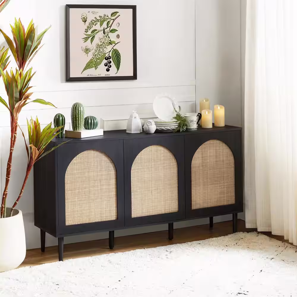 JAYDEN CREATION Mercury Contemporary 56 in. Wide Rattan 3-Doors Oak Storage Sideboard with adjustable legs and Shelves-Black