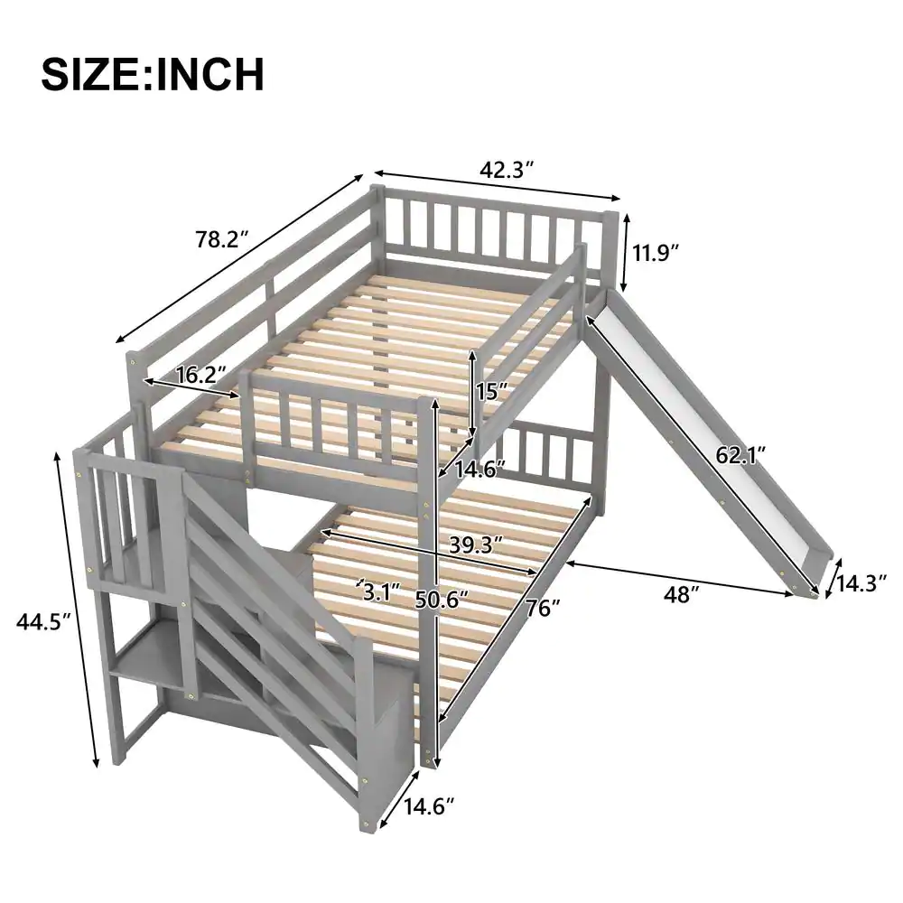 Harper & Bright Designs Gray Twin Over Twin Bunk Bed Daybed with Slide and Stairway
