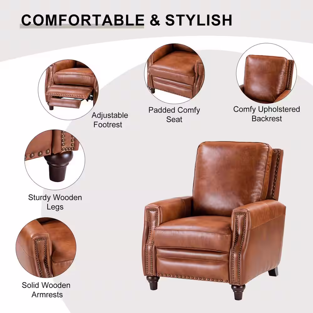 JAYDEN CREATION Theresa Comfy Saddle Manual 3-Position Cigar Genuine Leather Recliner with Nailhead Trim and Solid Wooden Legs