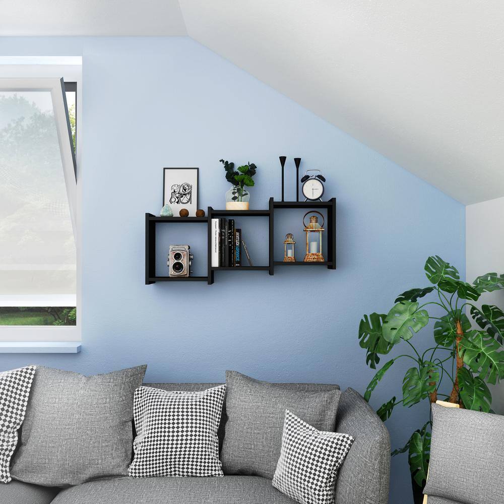 DANYA B Bauhaus Black MDF Wood 3-Cube Floating Wall Shelf