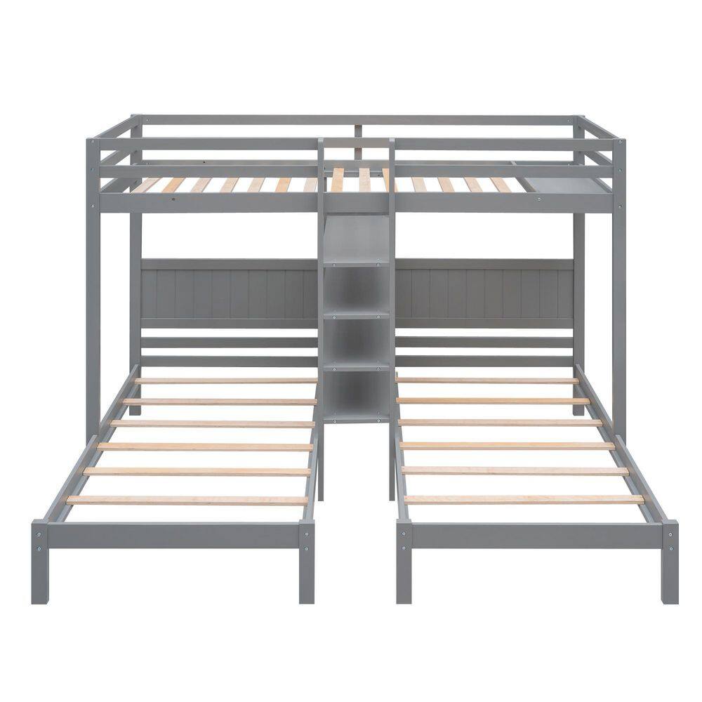 Harper & Bright Designs Gray Twin XL Over Twin and Twin Bunk Bed with Built-in 4 Shelves and Ladder