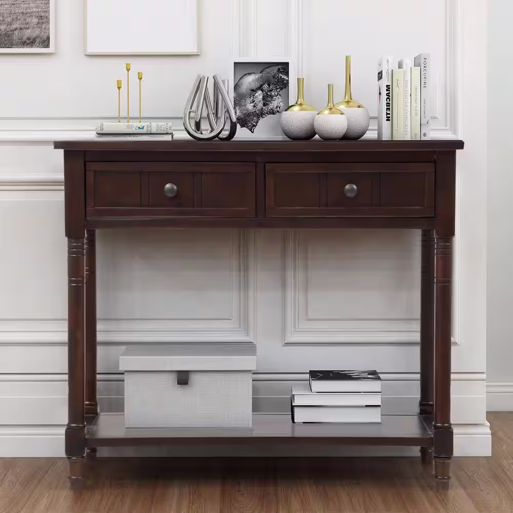 Harper & Bright Designs 36 in. Espresso Standard Rectangle Wood Console Table with 2-Drawers