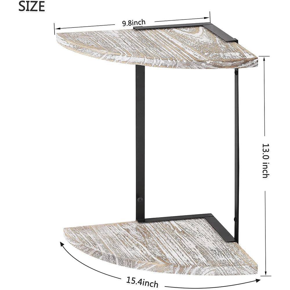 None 2-Tier Corner Brown Whitewash Shelf Floating Wall Mount Round End Shelves for Living Room Bedroom
