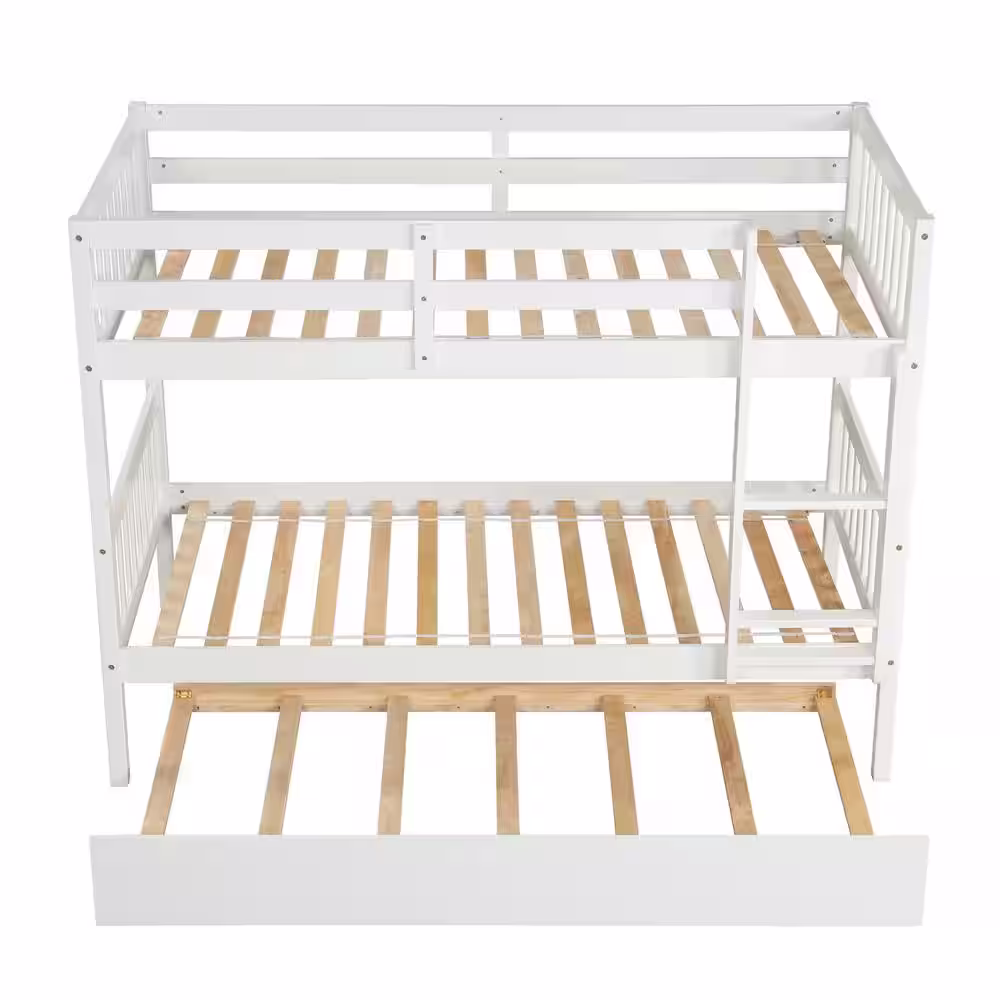 ANBAZAR White Solid Wood Twin Bunk Bed with Trundle, Convertible Kids Bunk Bed with Built-in Ladders and Safety Rail