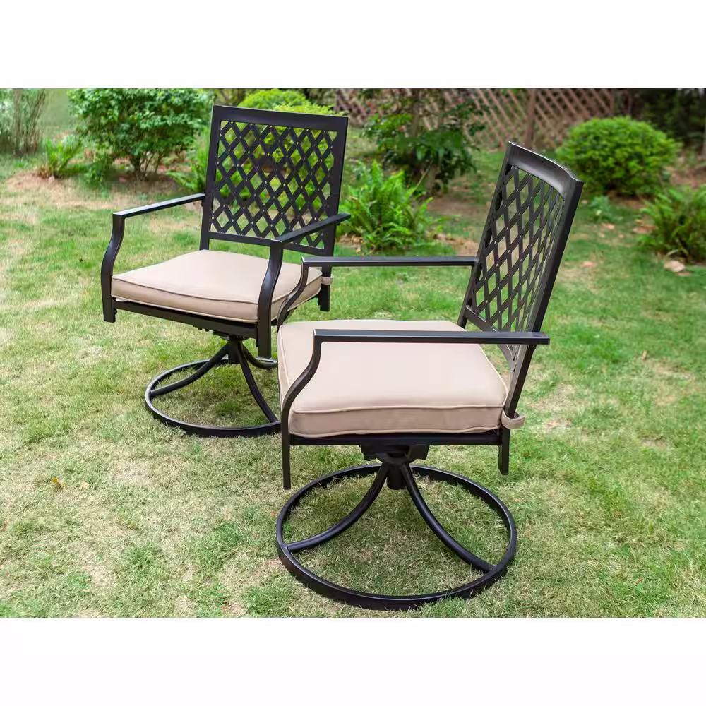 None Black 7-Piece Metal Patio Outdoor Dining Set with Black Frame Slat Table and Elegant Swivel Chair with Beige Cushion