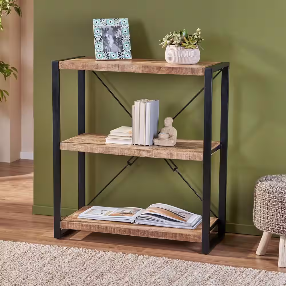 Noble House Troup Natural and Black 3-Tier Mango Wood Shelving Unit