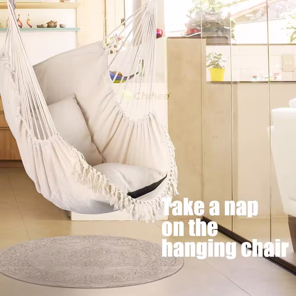 None Hammock Chair Hanging Seat 2-Pillows Included, Durable Stainless Steel Spreader Bar Portable Hanging Chair, Creamy White