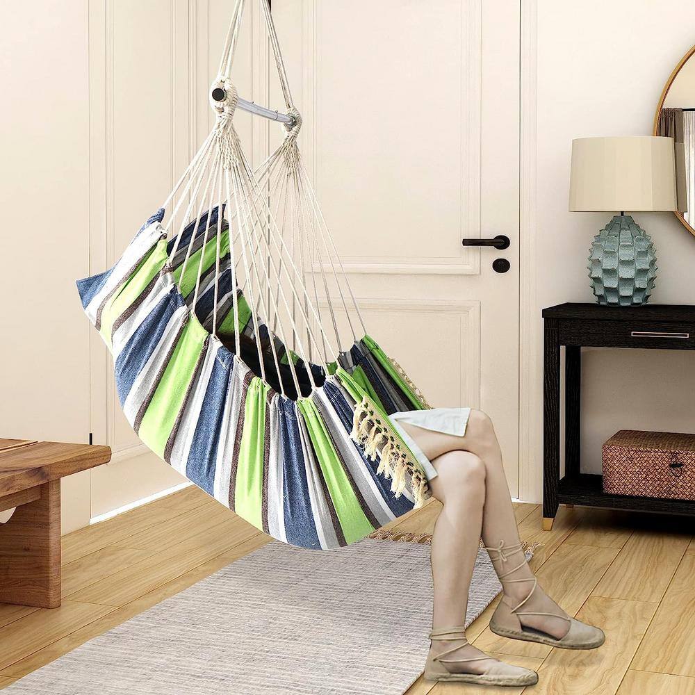 None Hammock Chair Hanging Seat 2-Pillows Included,Durable Stainless Steel Spreader Bar Portable Hanging Chair, Green Stripes