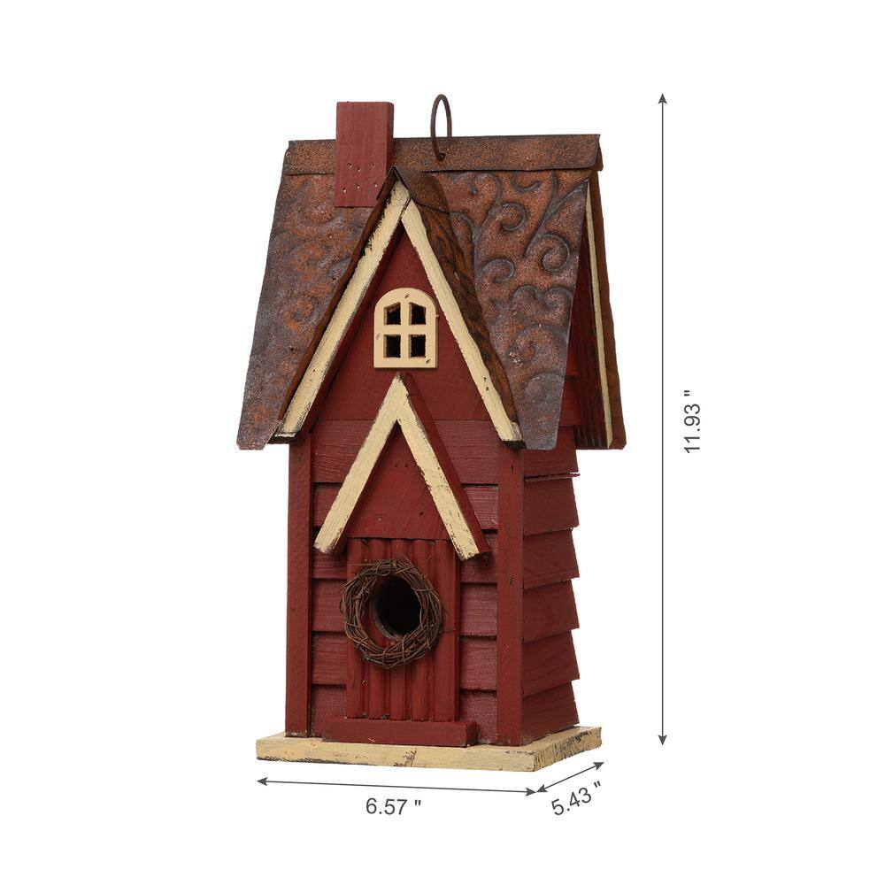 Glitzhome 12 in. H Wood Red Cottaage Solid Distressed Birdhouse
