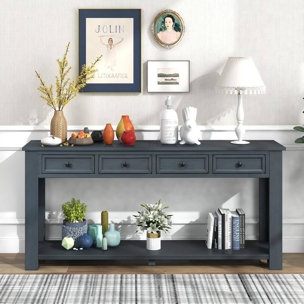 URTR 63 in.Navy Rectangle Wood Long Console Table with 4 Drawers and Bottom Shelf, Sofa Table for Entryway Hallway