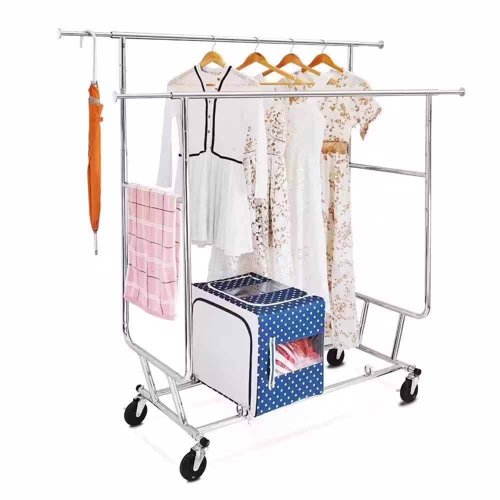 None Silver Iron Garment Clothes Rack Double Rods 50 in. W x 65 in. H