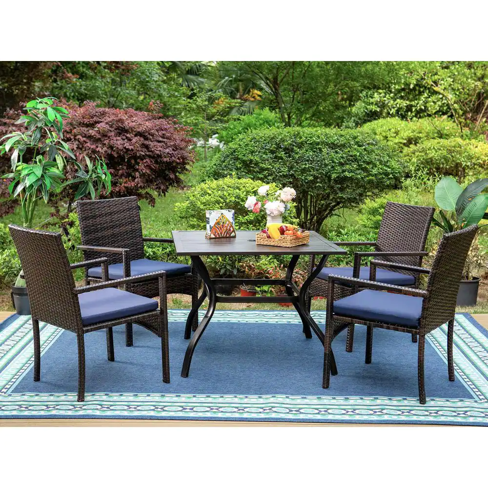 None 5-Piece Metal Patio Outdoor Dining Set with Square Table and Rattan Chair with Blue Cushion