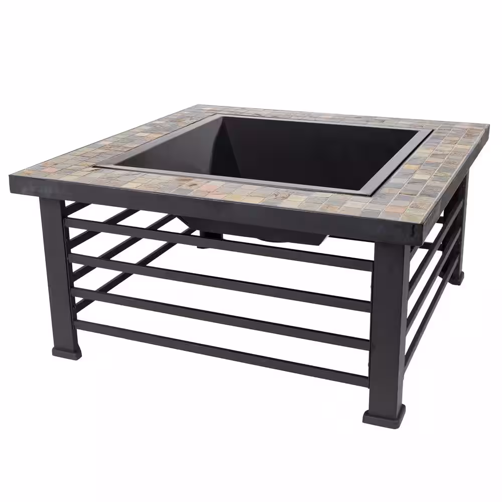 Pleasant Hearth Cascade Slate Top 34 in. Wx22.5 in. H Square Steel Wood Black Fire Pit