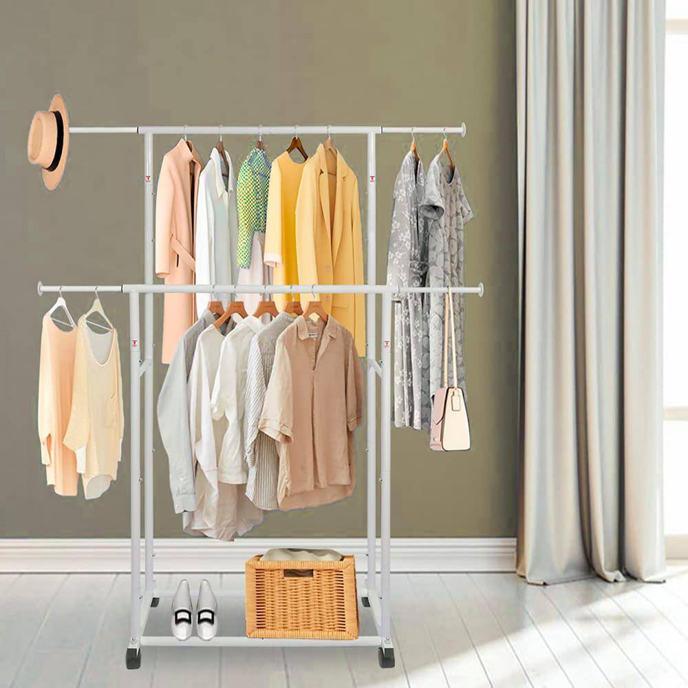 None White Metal Garment Clothes Rack Double Rod 48 in. W x 65 in. H