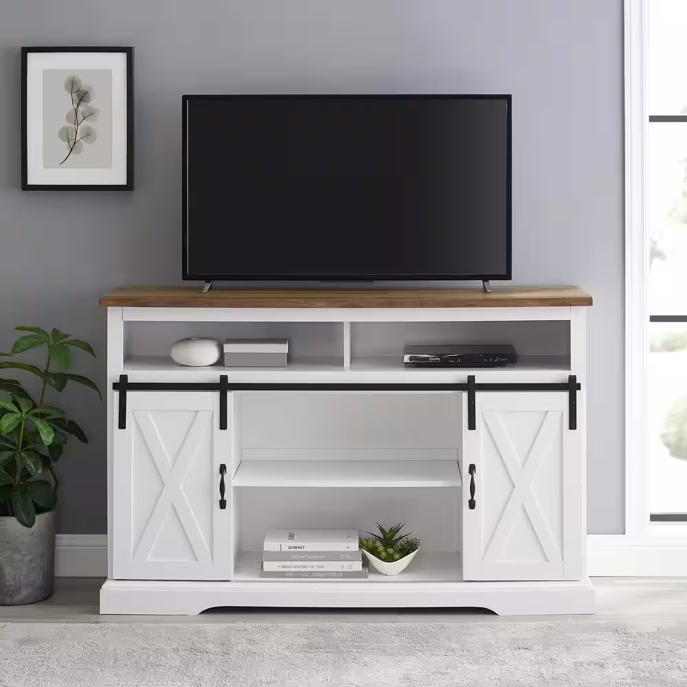 Walker Edison Furniture Company 52 in. White Reclaimed Barnwood TV Stand with storage Doors (Max tv size 58 in.)