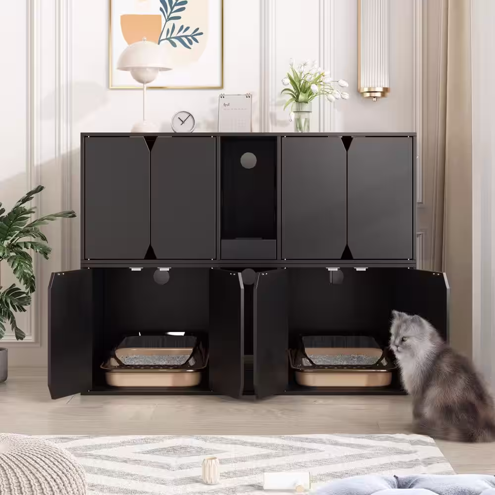 None Indoor Large Modern Wooden 4-Door Cat Washroom with Double Room, Cat Litter Box Enclosure Furniture for 2 Cats, Black