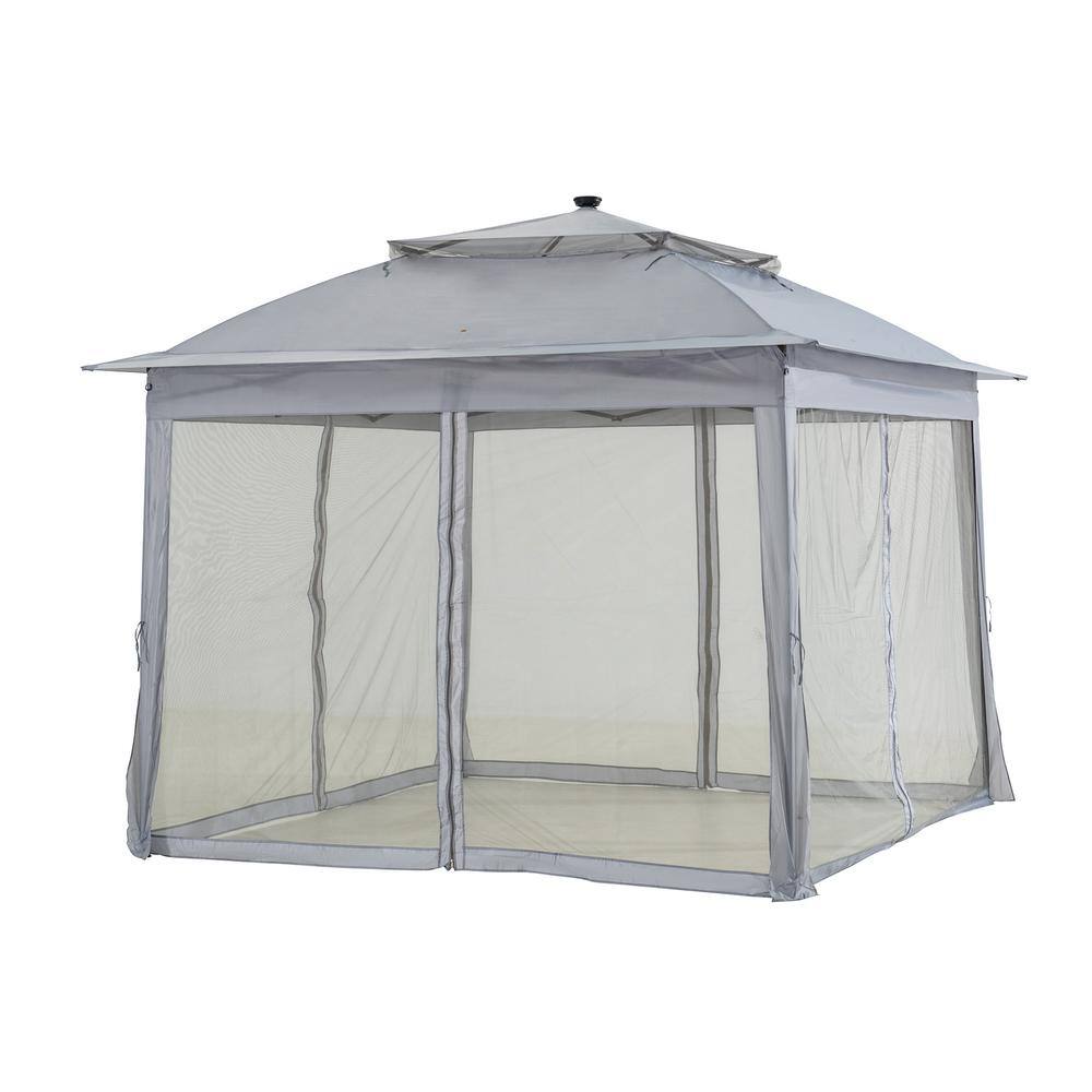 Sunjoy 11 ft. x 11 ft. Grey Patio Pop Up Portable Steel Gazebo with Solar LED Lighting