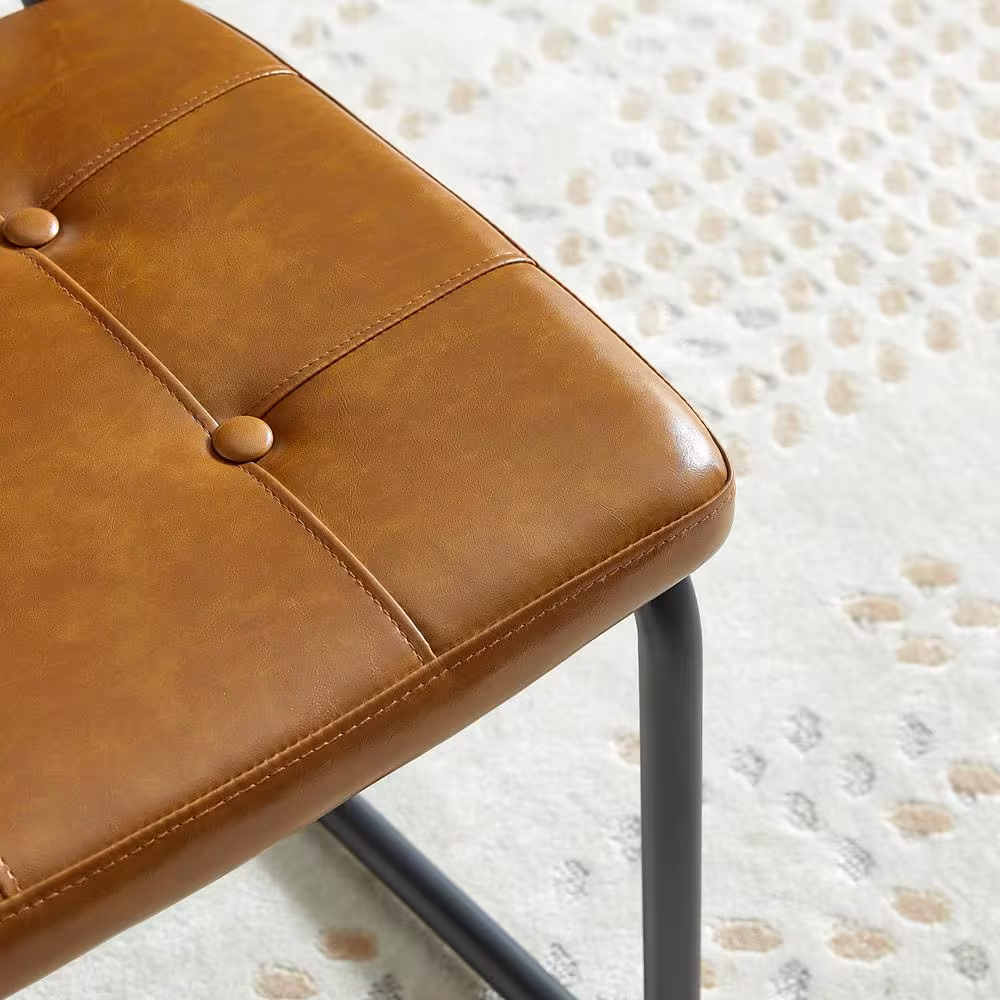 None Set of 4-Modern Mid Century Brown PU Leather Upholstered Armless Dining Chair with Black Metal Pipe Legs