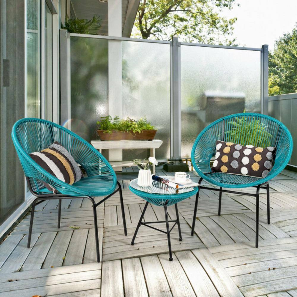 Clihome Turquoise 3-Piece Plastic Patio Acapulco Furniture Outdoor Bistro Set with Glass Table