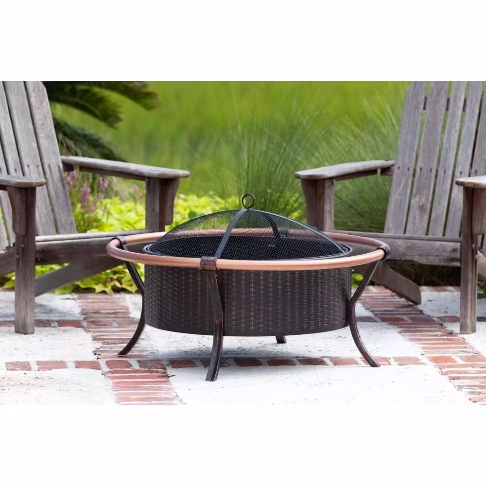 Fire Sense Copper Rail 37 in. Round Steel Fire Pit in Brushed Bronze
