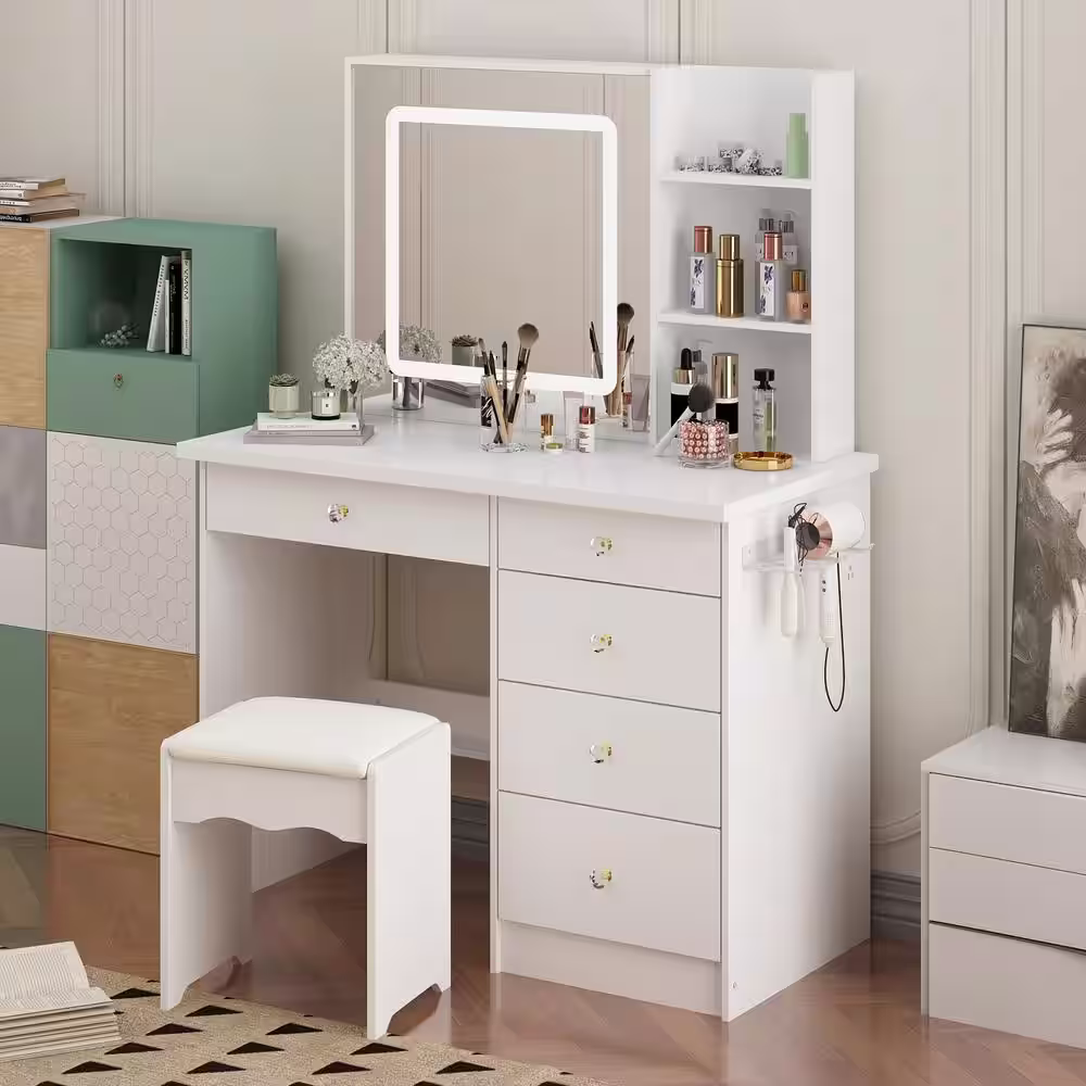 None White Makeup Vanity Set Dresser Table with Dimmable Lighted Mirror, Power Strip and Hair Dryer Holder, 5-Drawers, Stool