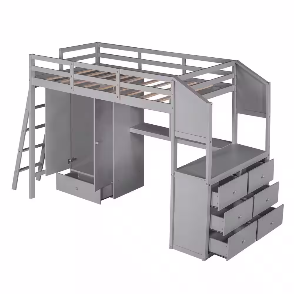 Harper & Bright Designs Gray Twin Loft Bed with Wardrobe, 7-Drawers and Attached Desk with Shelves