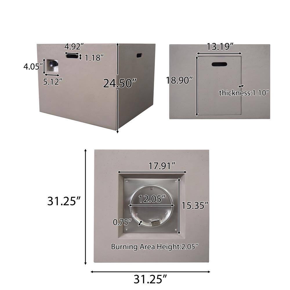 Noble House Zachary 31 in. x 24.5 in. Square Concrete Propane Fire Pit in Light Gray