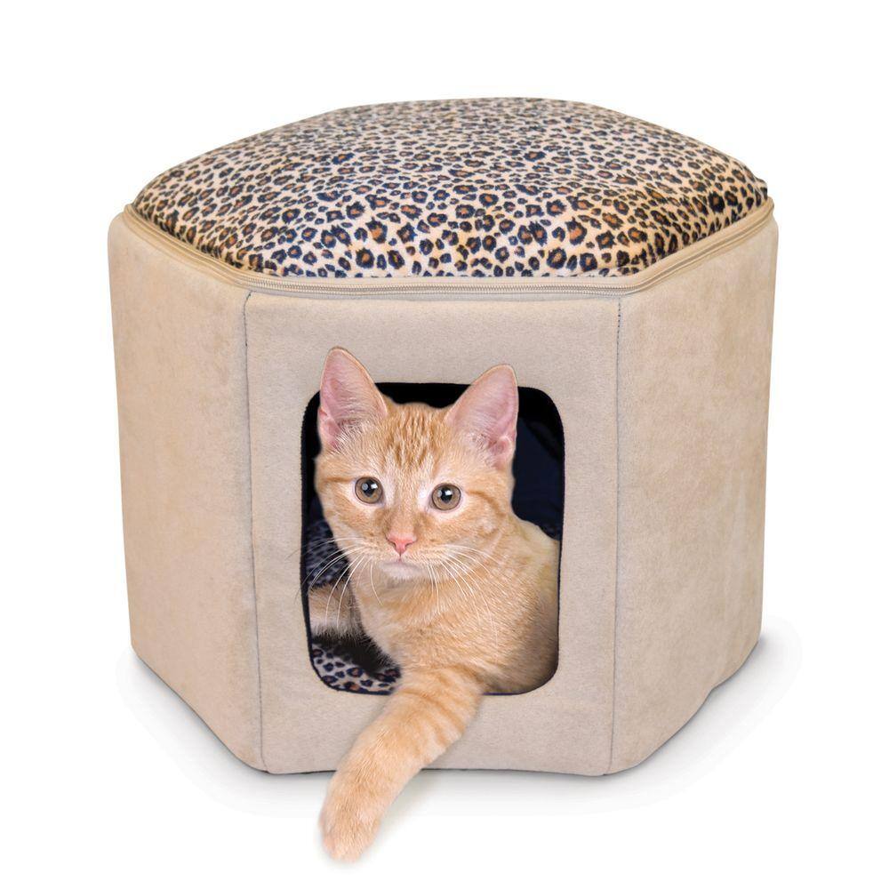None Thermo-Kitty Sleep-House Small-Medium Tan Leopard Heated Cat Bed