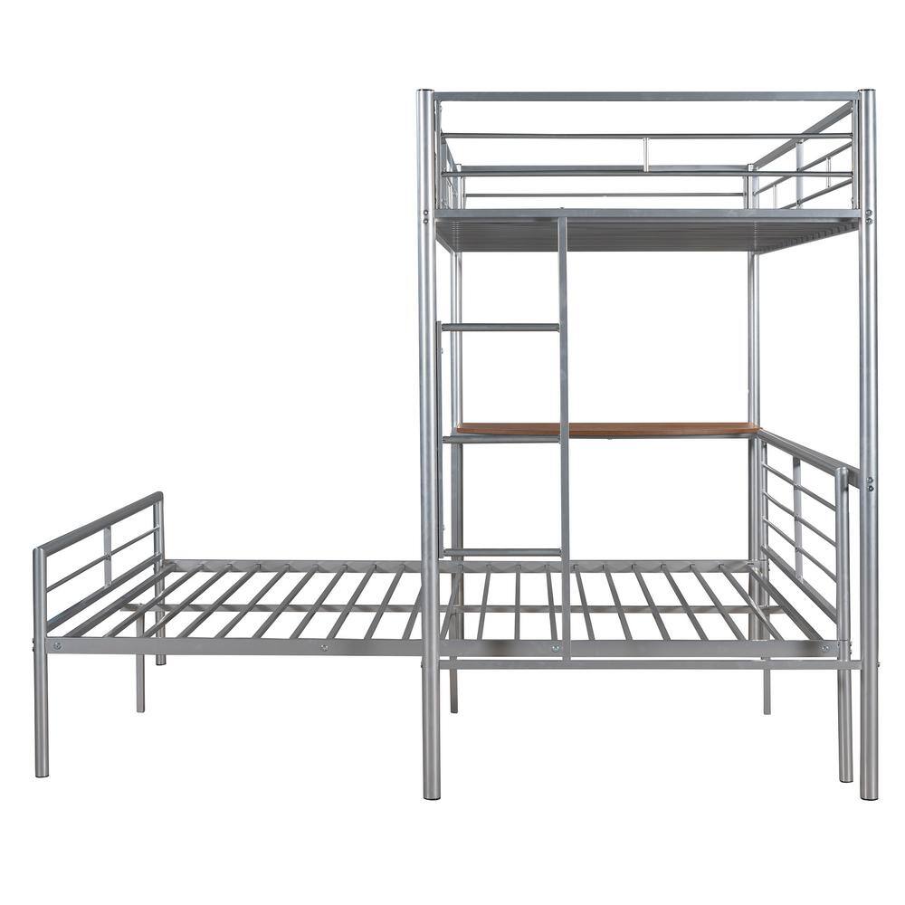 Polibi Twin Over Full Metal Bunk Bed in Silver with Desk, Ladder and Quality Slats