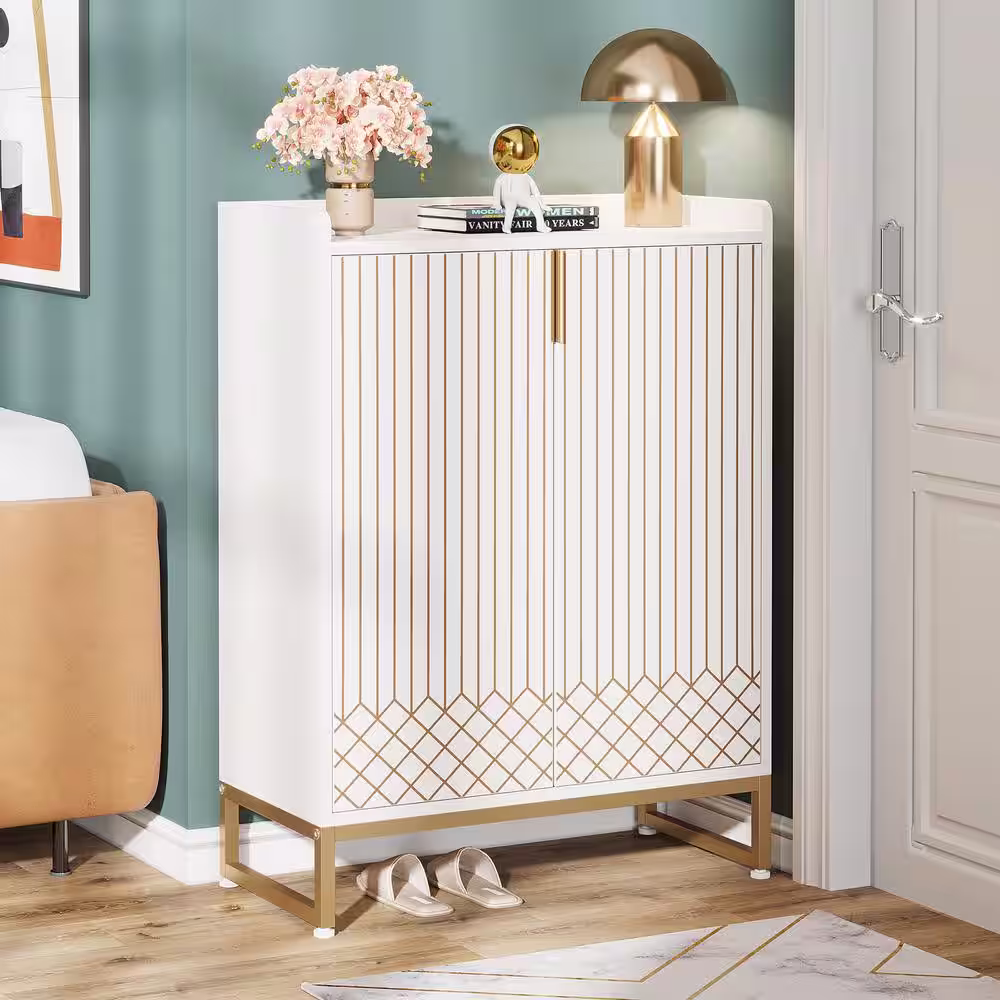 None Sabina 41.3in. H X 29.5in. W X 13.7 in.D White Wood 25-Pair Shoe Storage Cabinet