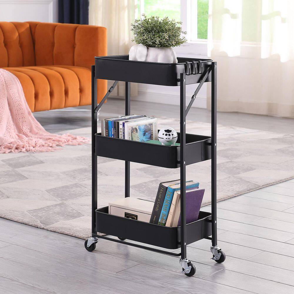 None 31.5 in. Black Metal -3 Tier Flodable shelving unit with four scroll wheel