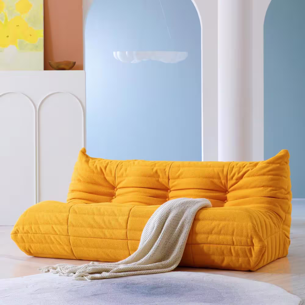 Magic Home 68.9 in. Armless Teddy Velvet Rectangle Bean Bag Top Thick 3 Seats Lazy Sofa Couch in Yellow