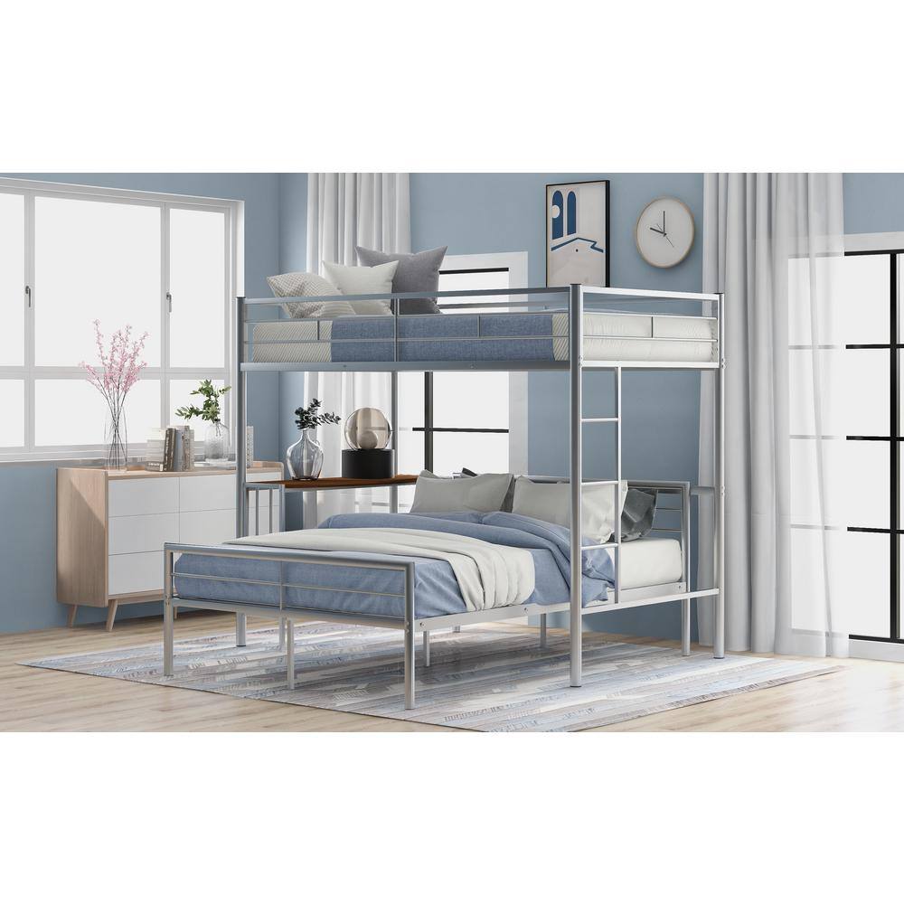 Polibi Twin Over Full Metal Bunk Bed in Silver with Desk, Ladder and Quality Slats