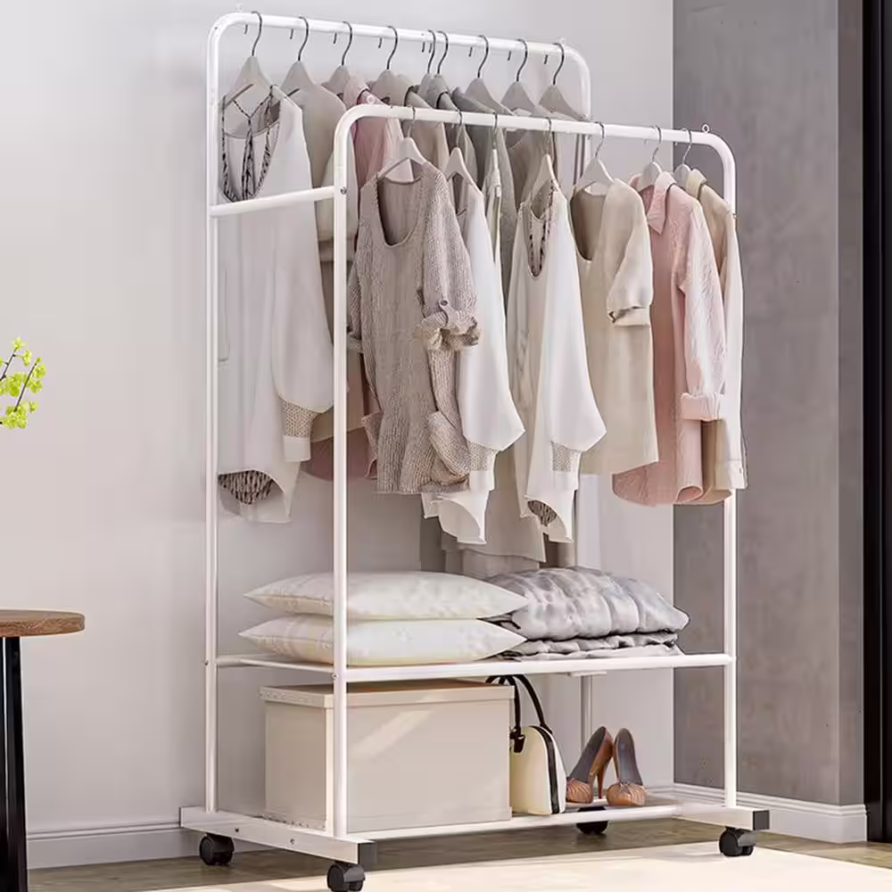 None White Steel Garment Clothes Rack Double Rods 31.5 in. W x 62.6 in. H